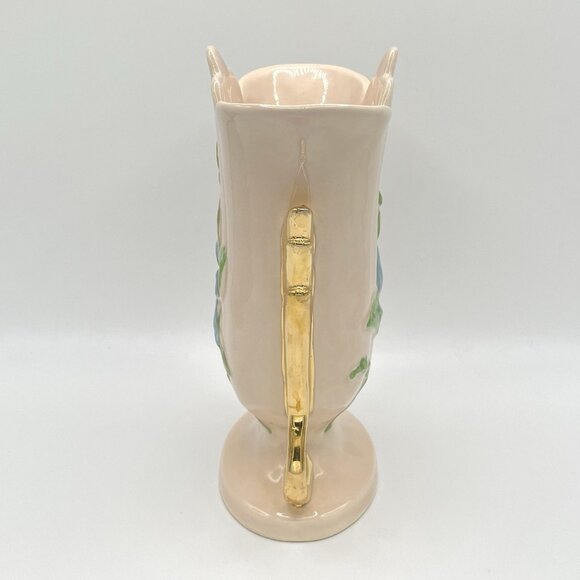 Vintage Hull Pottery Vase USA Art Baby Pink Gold Handles Blue Floral Mid Century - Picture 4 of 10